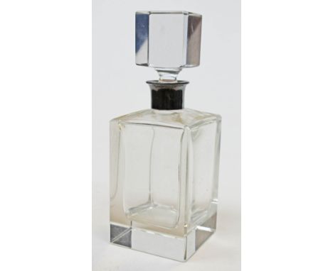 A contemporary cut glass decanter of square form with hallmarked silver collar, height 25cm.