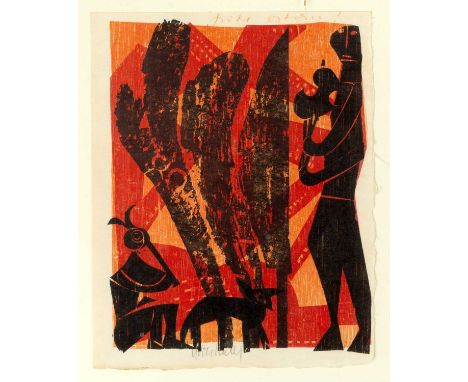 Helmut Grieshaber (1909-1981)
Figures and Animal
woodcut
22 x 17cm; together with an etching by Horst Antes (b.1936), and an 