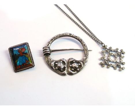 A Celtic cloak pin Chester 1936n and a silver butterfly wing brooch and ornate silver necklace and chain