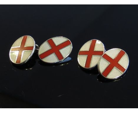 A pair of Harrods silver enamel cufflinks, St George flag motifs to oval discs, 13.7g
