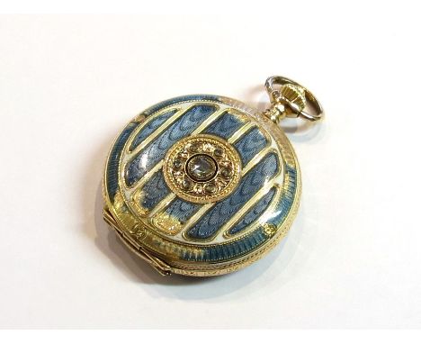 A Russian gold fob watch, the blue enamel guilloche case (worn) set with old cut diamonds, 14k, 28g