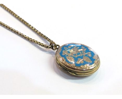 A Victorian engraved double locket with blue enamel oval front with bird and branch design, hung on chain, 11g, gold plated f