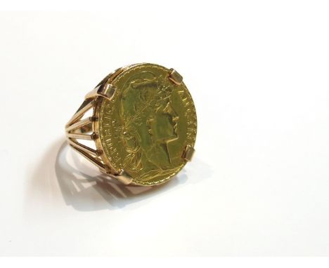 A gold 20 franc coin in ring mount, size L, 10.3g total weight
