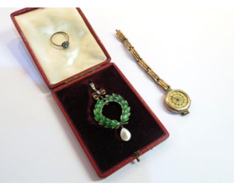 An enamelled laurel wreath pendant with pearlised drop in fitted case (enamel worn) a daisy ring and watch a/f