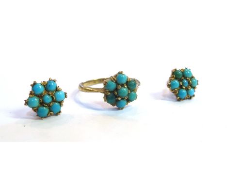 A 9ct gold turquoise daisy ring and a pair of similar earrings, size N, 3.9g (3)