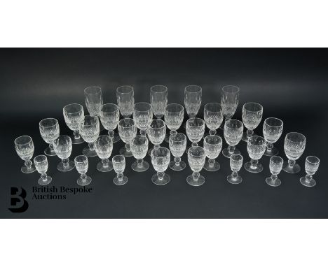 Waterford crystal glasses, Colleen pattern, including five champagne flutes 15cms, seven short stem wine glasses 12 cms, seve