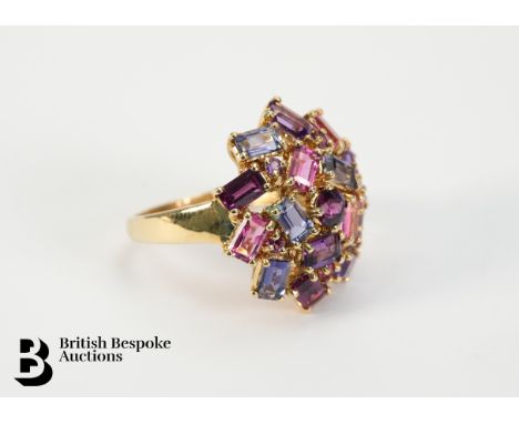 9ct gold amethyst, topaz and pink stone ring, size O, approx 5 gms. The ring set with one 4mm amethyst and five 5 x 3mm ameth