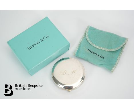 Tiffany &amp; Co silver powder compact, stamped sterling 925, with company name. The compact of circular form, monogrammed B.