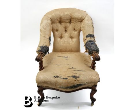 Victorian walnut frame button back tub chair, with barley twist arm rest supports, approx 85 x 60 w cms, requires re-upholste