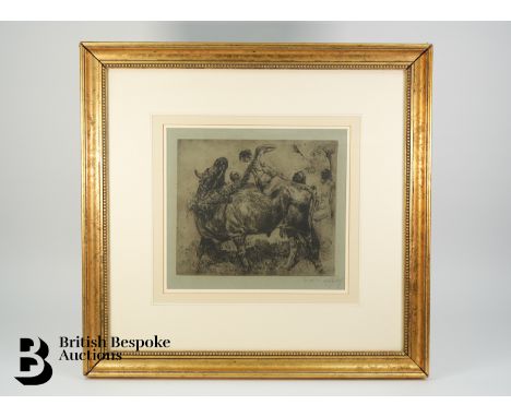 Erich Wolfsfeld (Polish 1884-1956) an etching of the myth of Europa and Jupiter, approx 33.5 x 31 cms, signed in pencil in th