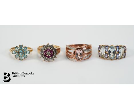 9ct gold ring set with a 9 x 7mm centre stone (stone unknown) size N, 4.25 gms, 9ct gold ring set with six 2.5mm rubies and 1
