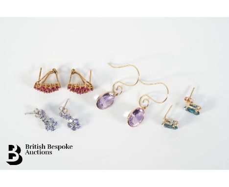 Four pairs of 9ct gold semi-precious stone earrings, gross weight 9 gms. The first pair stamped 14k (testing as 14/15ct) set 