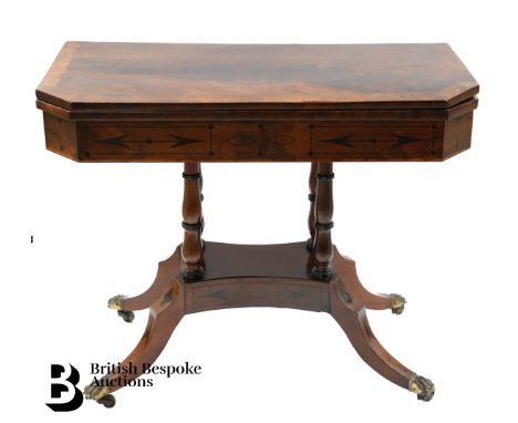 Victorian mahogany card table, with decorative inlay, canted corners, green baize playing field, supported on brass ball and 