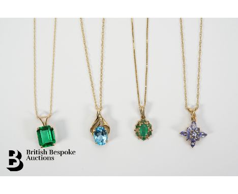 Four 9ct gold semi-precious stone pendants, suspended from 9ct gold chains, approx 6.5 gms (some knotting evident). The first