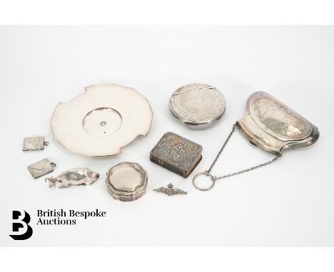 Miscellaneous silver including a silver coin purse (hallmarks rubbed), two silver stamp envelope pendants, silver covered pra