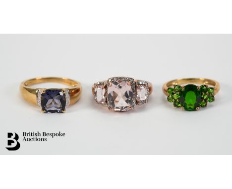 9ct gold and green (unknown) stone ring, size L 2.18 gms, a 9ct gold ring set with an (unknown) blue stone, size P 3.12 gms, 