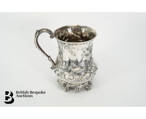 Victorian silver christening mug, Sheffield hallmark, dated 1855, mm Martin Hall & Co, approx 114 gms, the sides chased with 