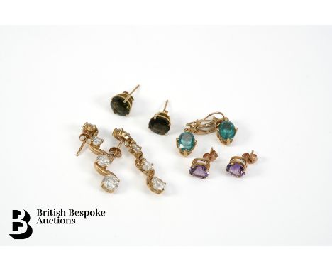 Four pairs of 9ct gold semi-precious stone earrings, gross weight 9.9 gms. The first pair stamped 9ct set with graduated cubi