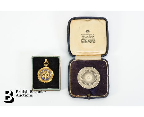 9ct gold and blue enamel prize medallion, the Clayton Award, Birmingham hallmark dated 1962, 12.7 gms together with a white m