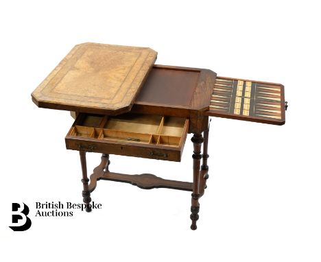 Victorian walnut work and games table, the top opens to reveal a red baize top, with sliding backgammon and cribbage board, a