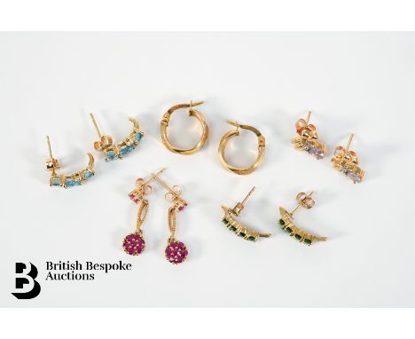 Five pairs of 9ct gold earrings, gross weight 9.6 gms. The first pair stamped 10k (testing as 9ct) 1.5 gms; the second pair s