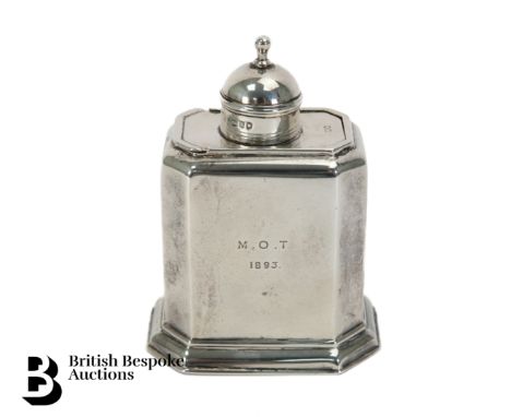 A Victorian silver tea caddy, engraved M.O.T 1893 to front, dated London 1892, mm GU (George Unite), measures approx. 11cms, 