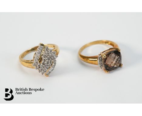 9ct gold and diamond ring, size P set with 26 pts of dias and 30 pts of baguette-cut dias and a 9ct gold and smoky quartz rin