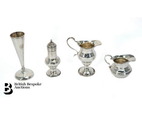 Silver cream jug, London 1791 (?) (marks rubbed), having beaded borders with c-scroll handle, approx 102.7 gms; another silve