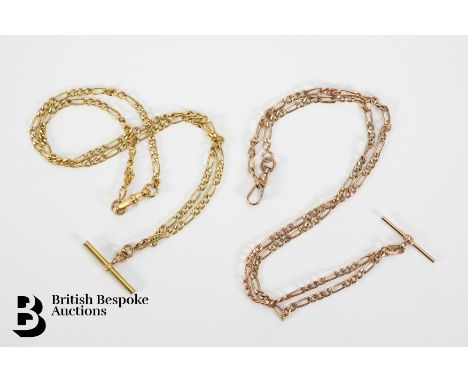 Two 9ct gold fob chains, the first rose gold and the second yellow gold, both measure 46 cms, 9.2 gms.&nbsp;