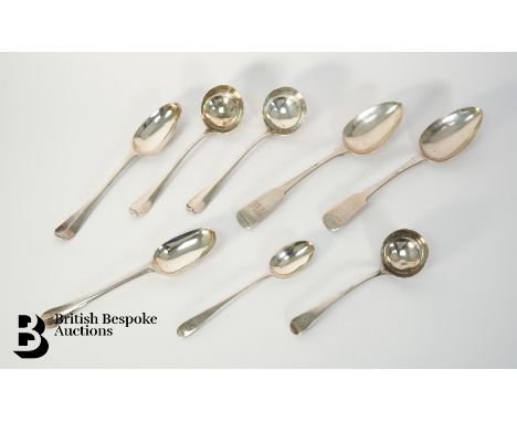Two Georgian silver tablespoons, London hallmark dated 1776, mm BC, another London hallmark (rubbed), two Georgian silver tab