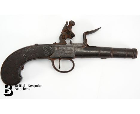 An Archer of London Queen Anne-style flintlock/box lock cannon barreled pocket pistol, with slab sided grip, traces of silver