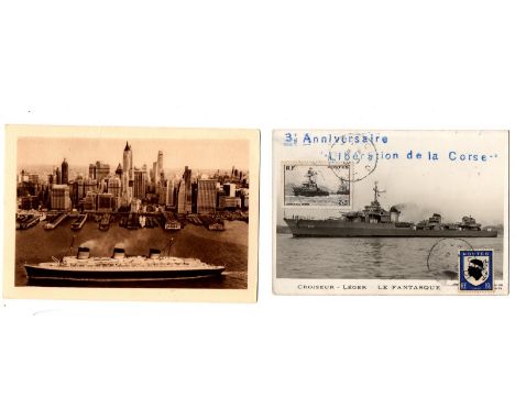 France 1939 PPC showing 3 funnel Ocean liner Normandie entering New York, prestamped with 1F.25 stamp of the glamour ship. Fr