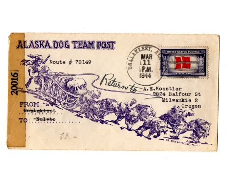 USA 1944 Cover posted from UNALAKLEET Alaska to Oregon opened by US censor, the cover vividly illustrated with mail delivery 