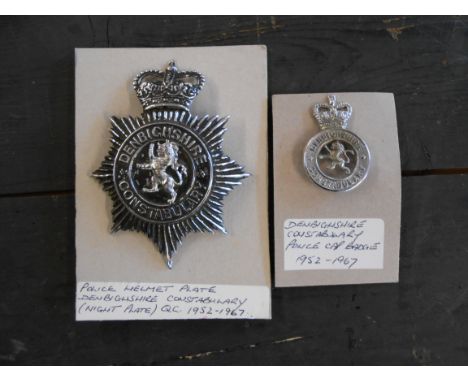 Denbighshire Constabulary Police Force ( obsolete) night helmet plate with all fixing lugs intact plus cap badge Reserve: £30