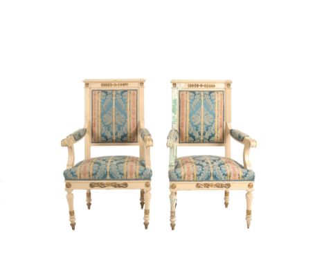 Two lacquered wooden armchairs with padded back and seat and gilded bronze finishes. 19th century. Defects. 109x65x54 cm appr