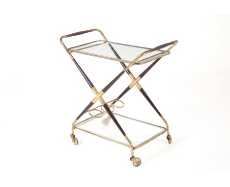 CESARE LACCA (attr.)(Napoli 1929). Bar trolley in wooden, brass and glass shelf. 1950s. Defects and breakages. 80x75x43 cm ap
