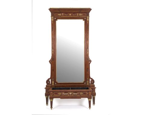 End-of-hall mirror with flowerpot in wood inlaid with ivory, mother-of-pearl and brass with chiseled and gilded bronze finish