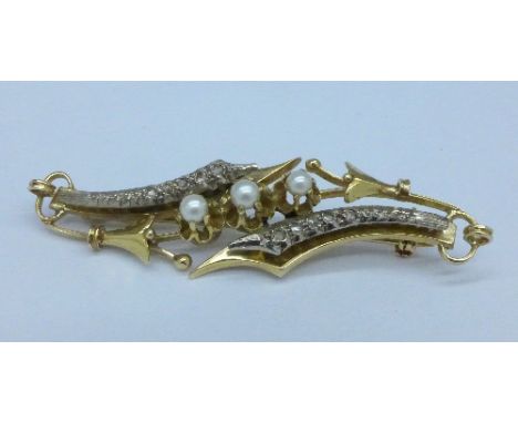 A seed pearl and old cut diamond brooch, stamped 750, 10.5g
