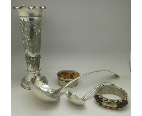 A large plated ladle, one smaller, a plated vase, a trinket pot with faux tortoiseshell lid and a bangle, (5)