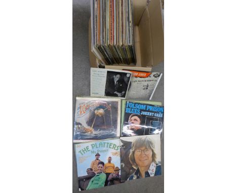 A box of seventy LP records, including Bob Dylan and Elvis Presley