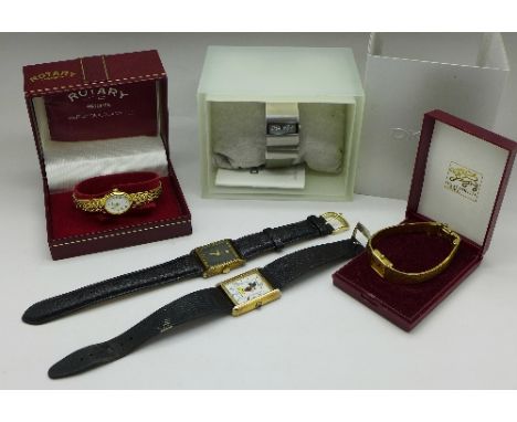 Five lady's wristwatches; Rotary, with box, Raymond Weil, DKNY, Accurist and Disney Mickey Mouse