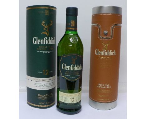 One bottle, Glenfiddich Single Malt Scotch Whisky, Aged 12 Years, boxed and one other Glenfiddich leather covered box