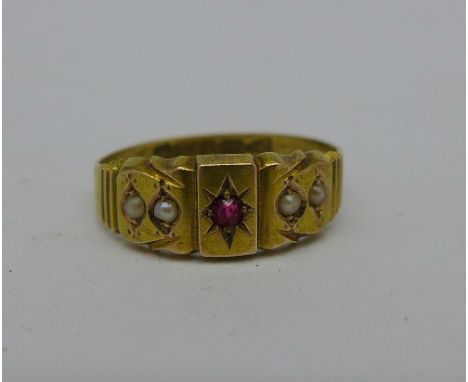 A Victorian 15ct gold, red stone and pearl ring, Chester 1882, 1.5g, L