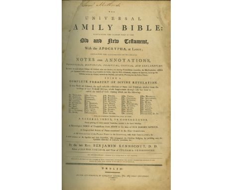 Fine 18th Century Dublin PrintingKennicott (Rev. B.)ed. The Universal Family Bible, lg. folio D. (Zachariah Jackson) 1793. En