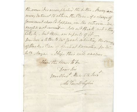 Co. Monaghan: Leslie (Chas. Powell) M.P. 1820: A manuscript letter from Leslie, a member of the Glaslough family to a John Ma