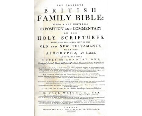 Bible: Engraved Plates: Wright (Paul) The Complete British Family Bible, lg. thick folio L. 1781. Engd. frontis & with fine f