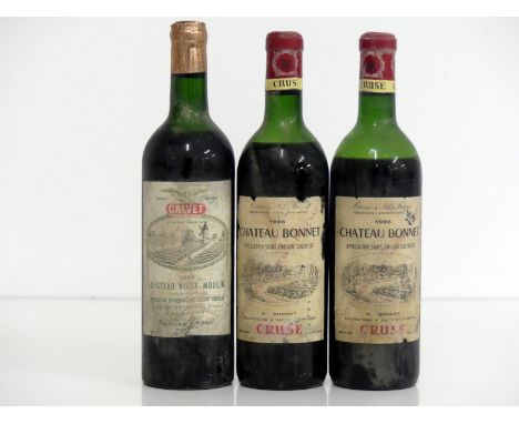 1 bt Ch. Vieux-Moulin 1964 Puisseguin-St-Émilion EB Butler &amp; Sons us, bs 2 bts Ch. Bonnet 1966 St-Émilion Cruse label, ms