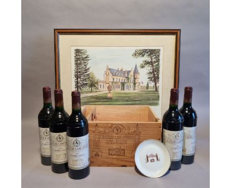 Chateau Lascombes 1992, 5 Bottles in open OWC. Including Limoge dish and limited edition print both depicting the Chateau its