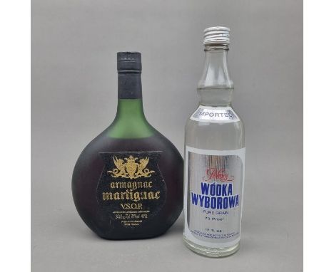 2 Bottles 1970's Spirits to include Armagnac Martignac VSOP 24 2/3 Fl Oz- 70 Proof and Polmos Wyborowa Vodka 17 Fl Oz 73 Proo