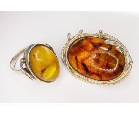 SILVER RING AND BROOCH. 925 Silver amber set ring and brooch